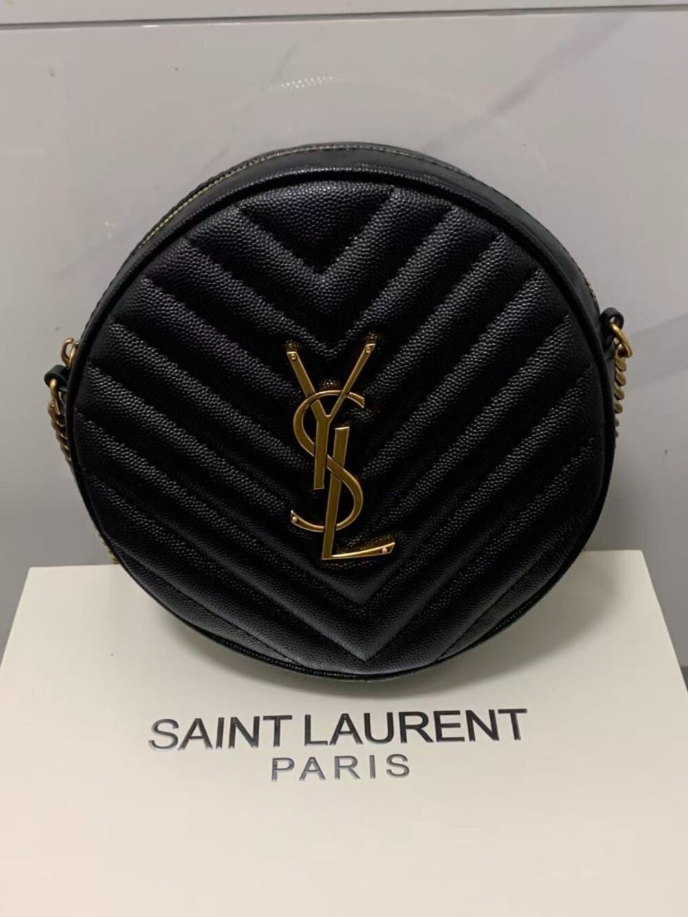 Yves Saint Laurent Black Quilted Leather Round Crossbody Bag with Gold Chain